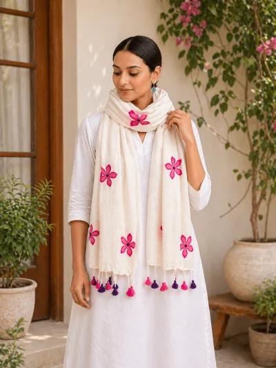 pink handapplique stole dupatta