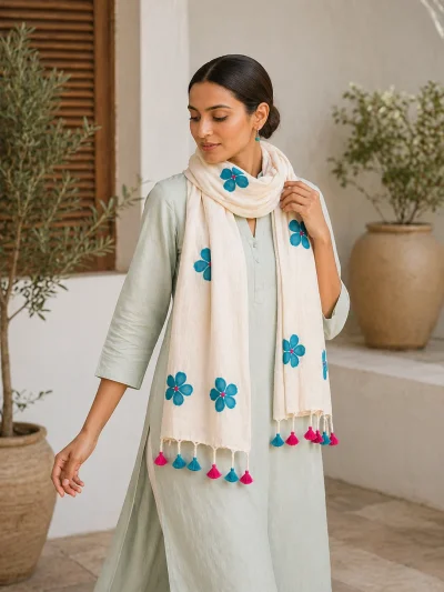 blue hand applique stole dupatta labhcrafts