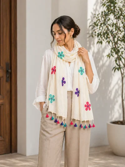 multicolor hand applique handloom khadi cotton stole dupatta labhcrafts