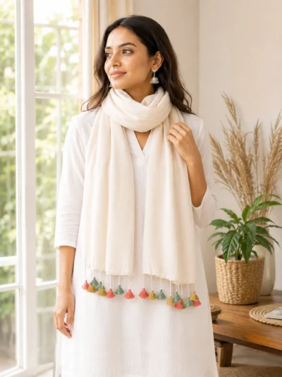 off white handloom khadi cotton stole with multicolor tassels for gift labhcrafts