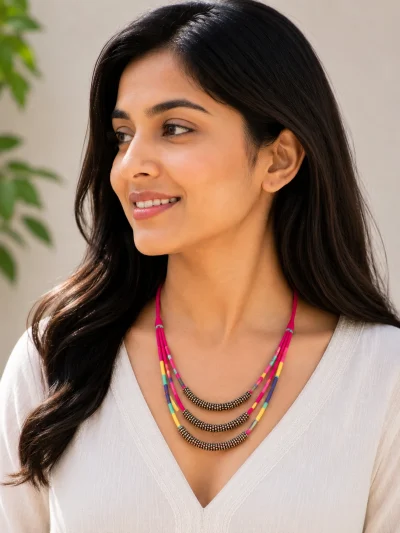 Handmade colorful triple layer beadwork necklace with multicolor threadwork and oxidized silver beads