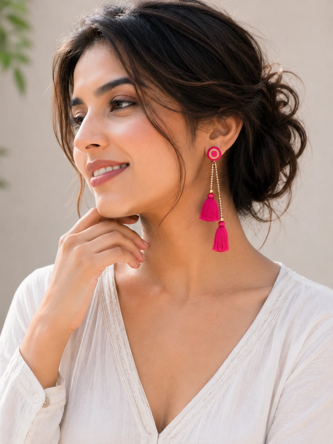 Handmade pink double tassel earrings with bead chain detailing for women