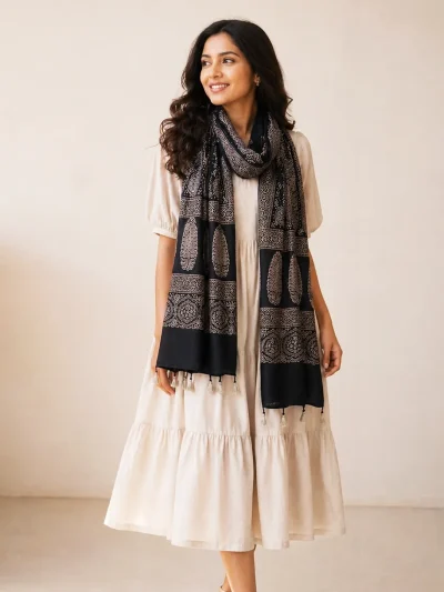 Black Gajji Silk Block Print Stole