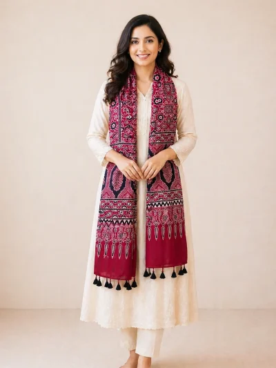 Traditional Maroon Ajrakh Print Gajji Silk Stole