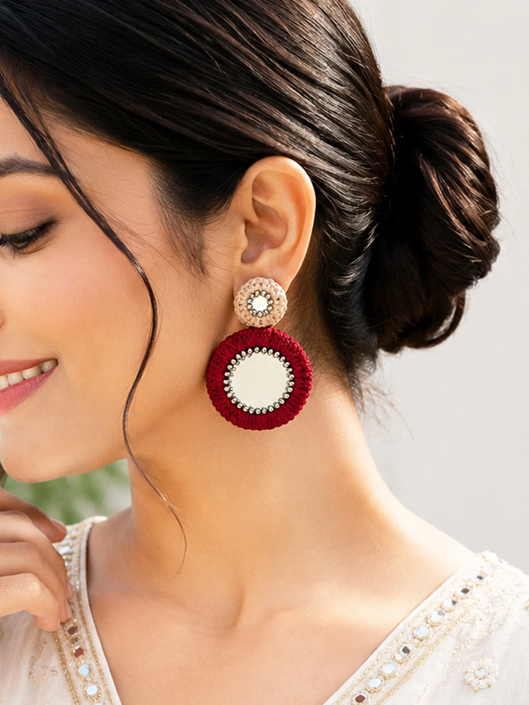 mirror work maroon earrings