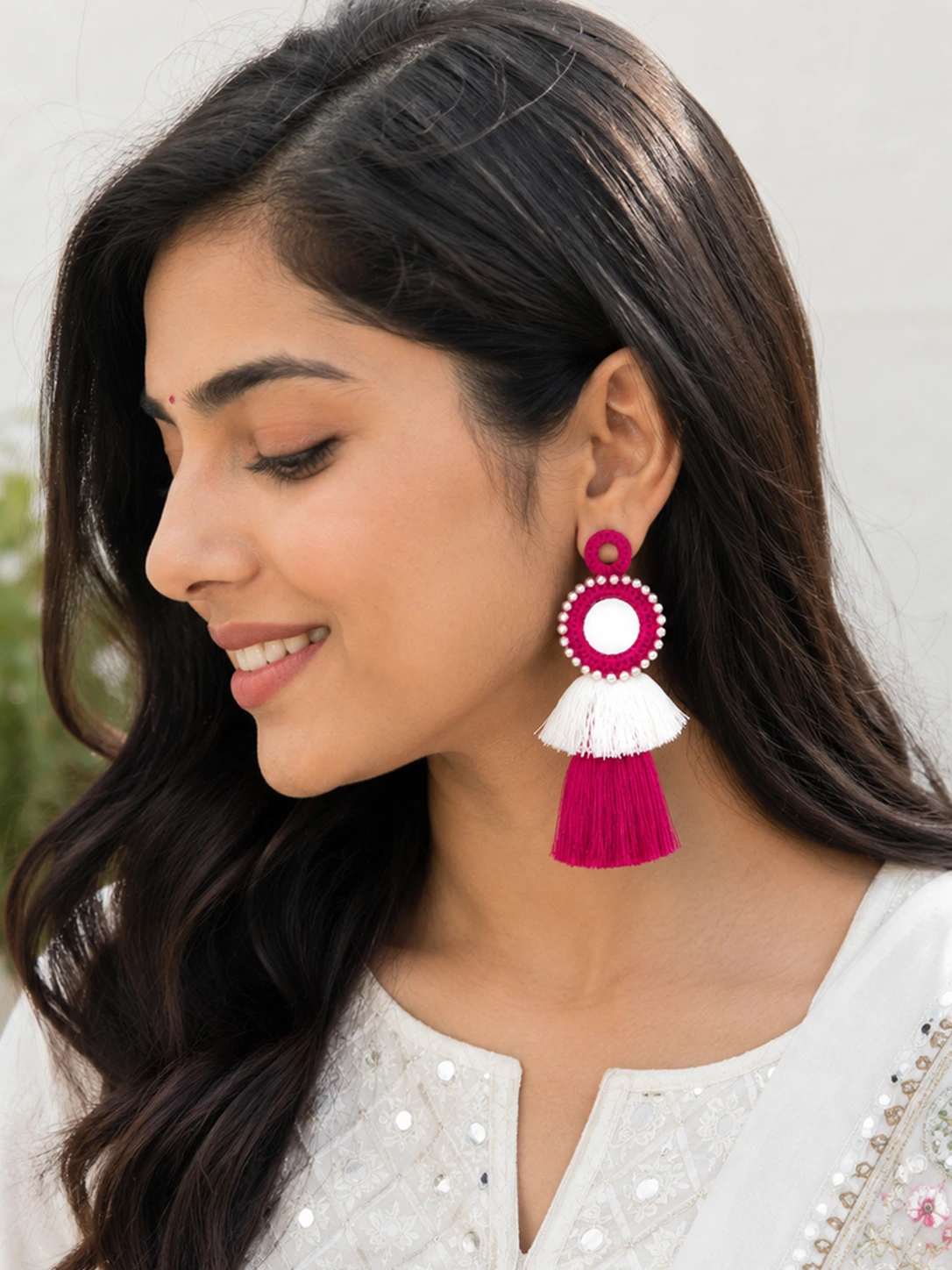 pink long tassels earrings