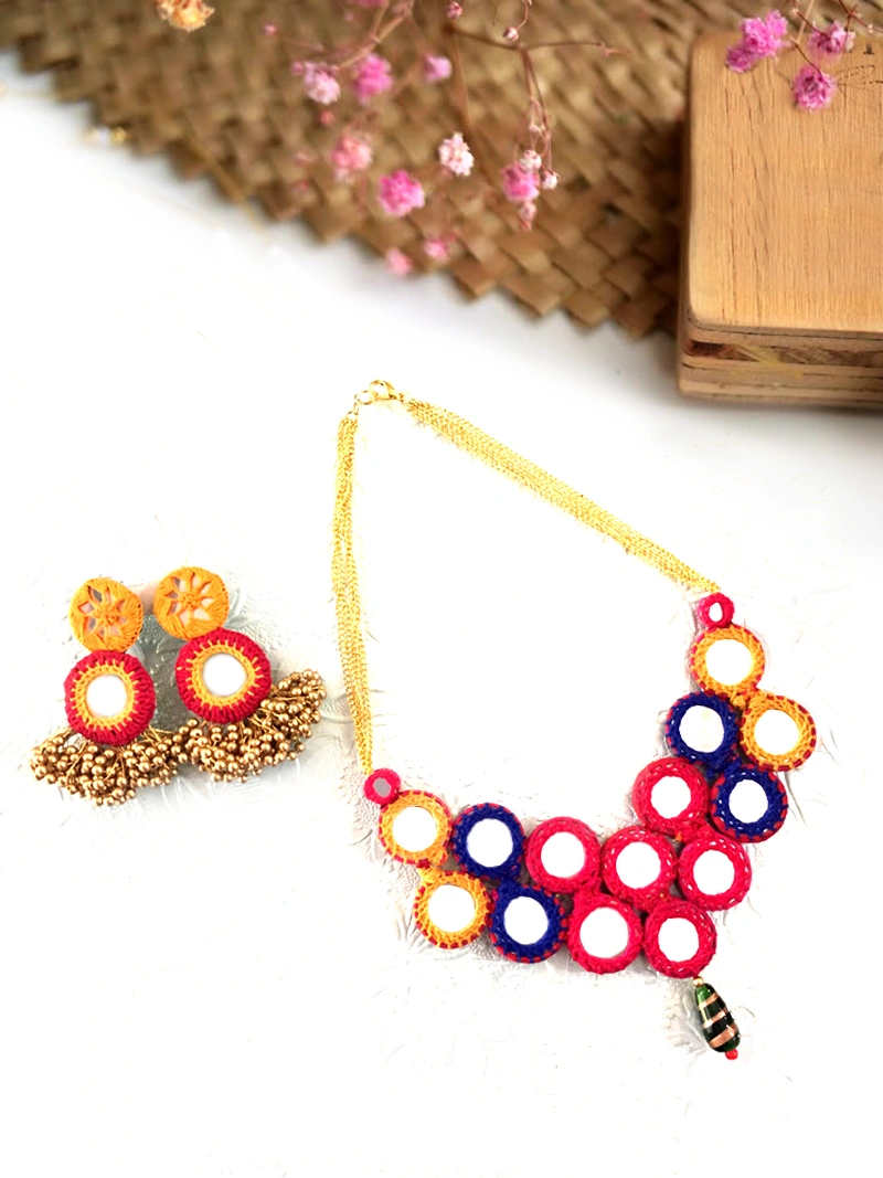 Handmade Mirror Work Reversible Necklace Set
