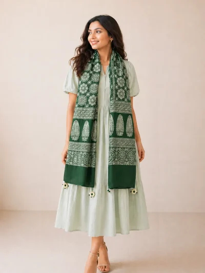 Emerald green gajji silk hand block print stole with tassels for women