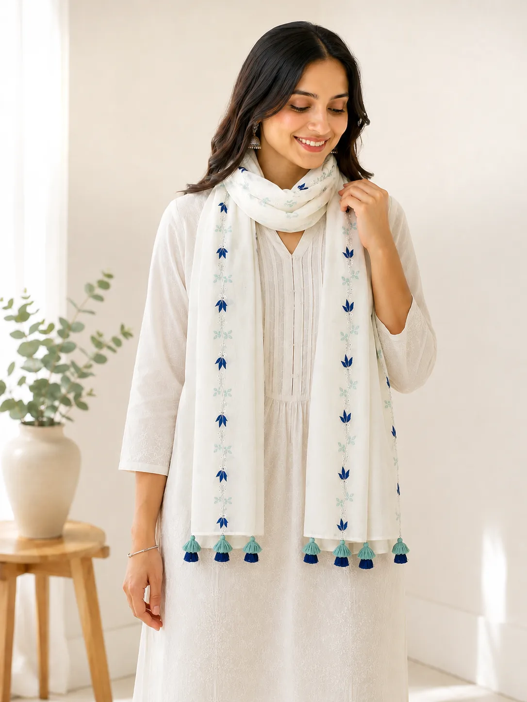 Women wearing ivory embroidered cotton stole with blue floral tikki work and handcrafted dual-tone tassels