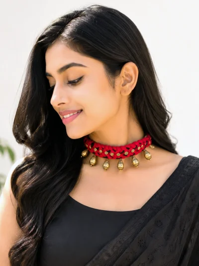 Handmade mirror work choker necklace with braided thread and traditional metal charms