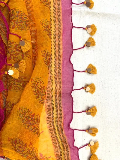 Handmade mustard yellow fan tassels with mirror charms and magenta hanging cords attached to a dupatta border, decorative tassels pack of 15.