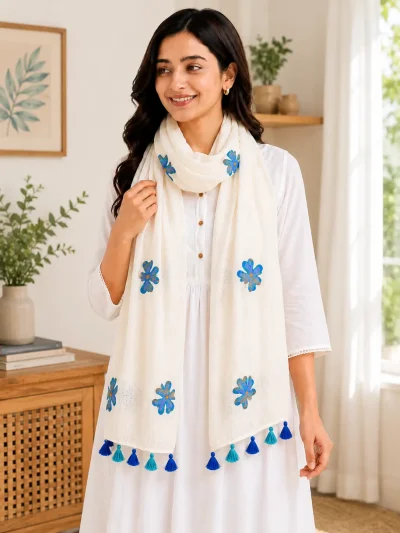 Blue floral hand applique Kota cotton stole with multicolor tassels