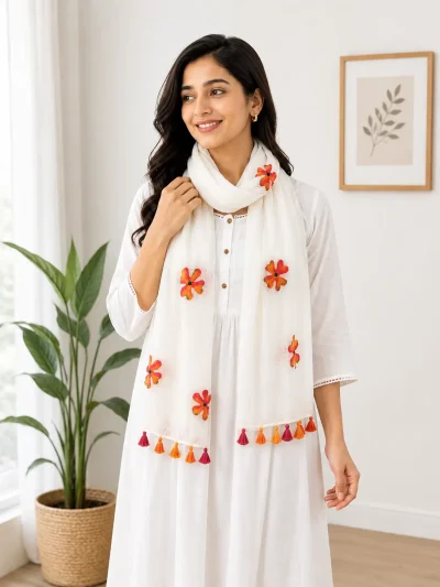 Orange floral hand applique Kota cotton stole with multicolor tassels