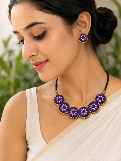 Handmade purple mirror work necklace set with matching stud earrings and golden bead detailing