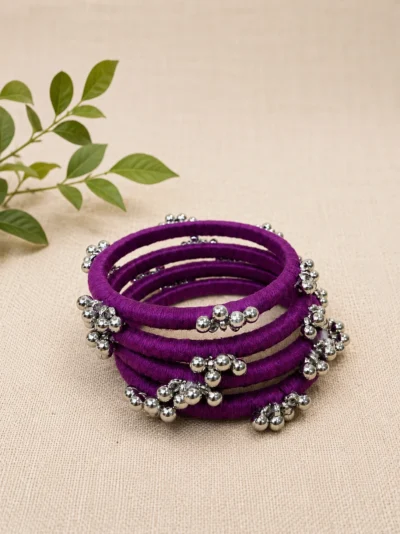 Jhankaar pink handmade cotton thread bangles with silver bead work