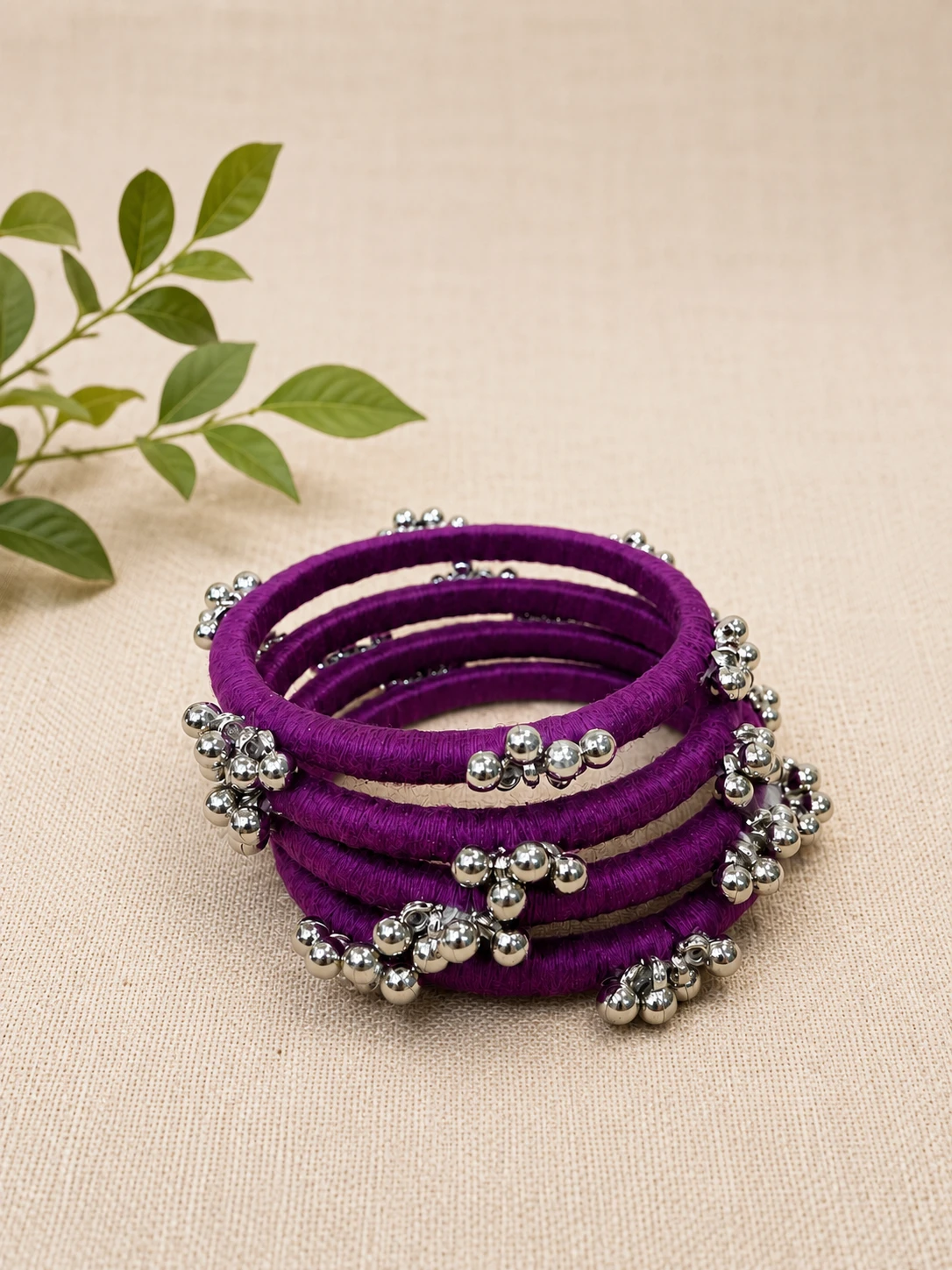 Jhankaar pink handmade cotton thread bangles with silver bead work