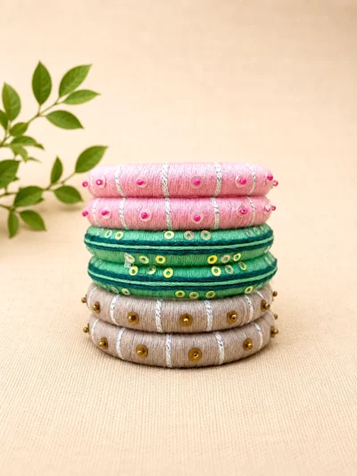 Pink mint green and beige handmade thread bangles with sequin and bead detailing