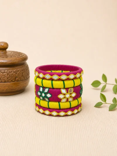 Rangragini handmade magenta yellow green thread bangles with mirror work