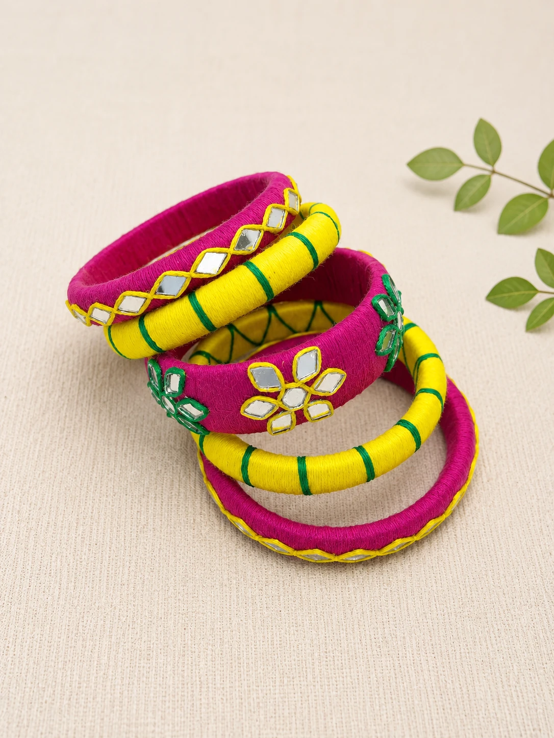 Rangragini handmade magenta yellow green thread bangles with mirror work